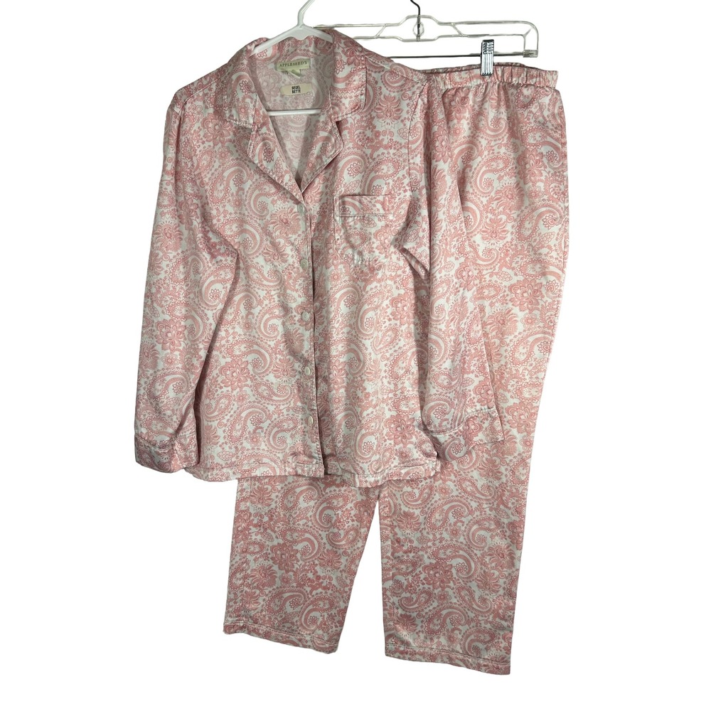 Appleseeds Womens Pajama‎ Set Medium Pink White Paisley Button Front Long Sleeve